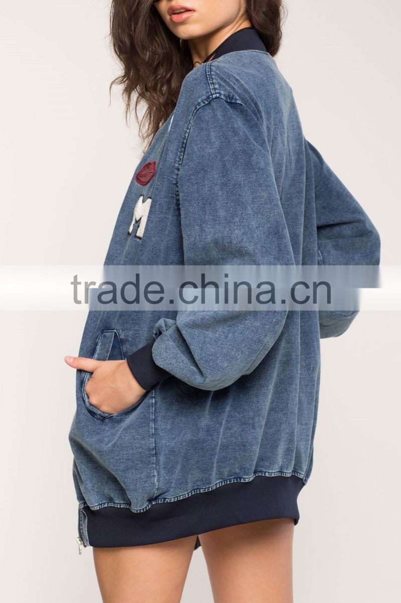 New style ladies fashion long sleeves oversized demin bomber jacket