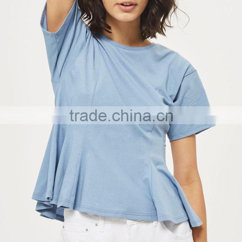 New Design Hot ltem Corset Detailing At Waist Blue Seam T-Shirt 100% Cotton