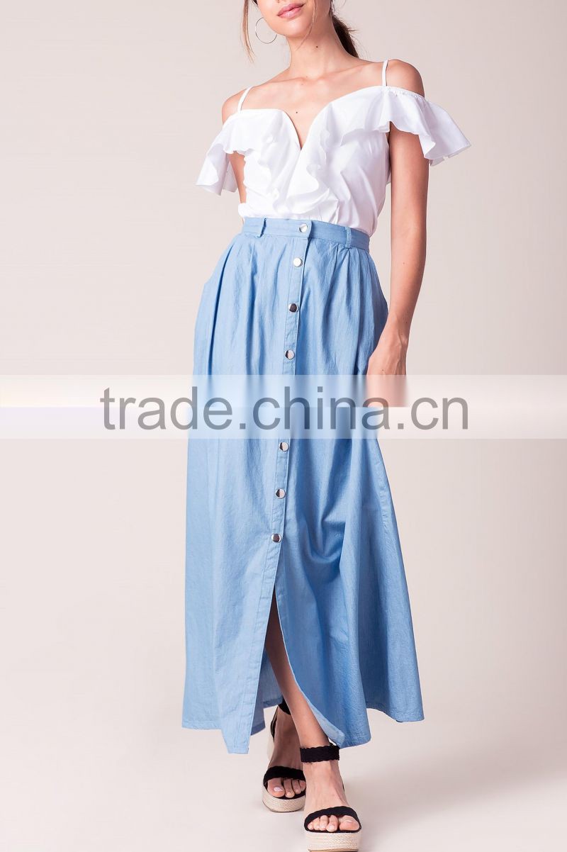2017 New design women button front banded waist chambray maxi skirt