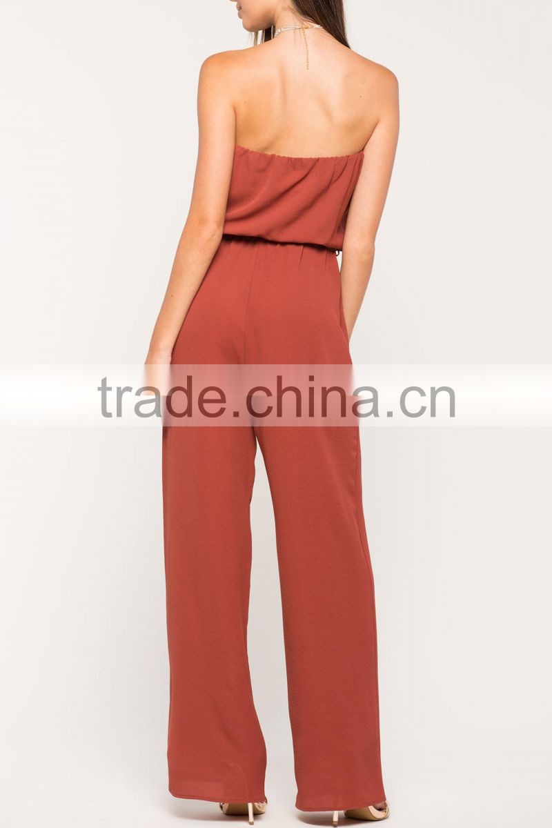 2017 Hot sale women sexy strapless elastictied waist loose romper jumpsuit