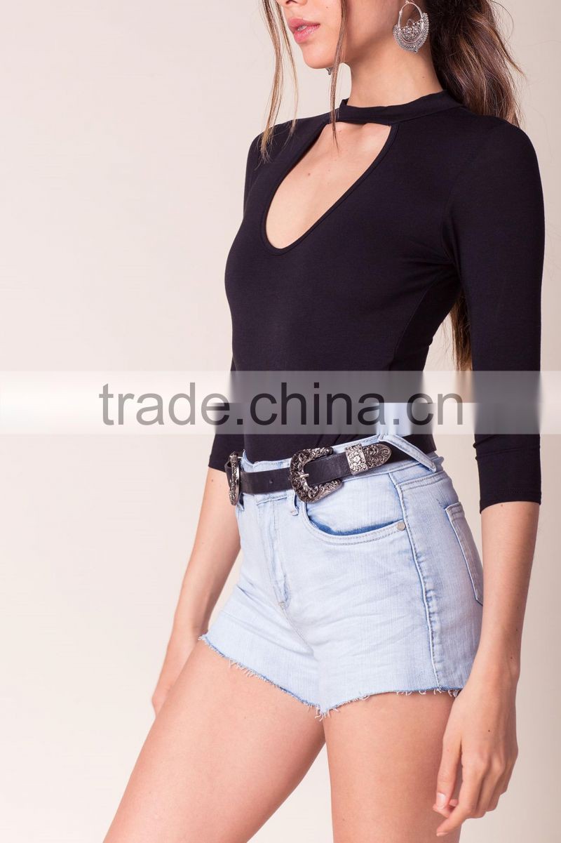 Customized new arrival women 3/4 sleeves center cutout fitted bodysuit