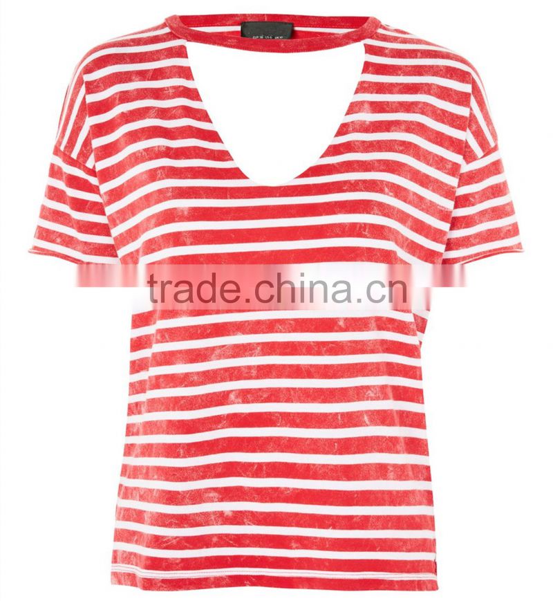 Good Workmanship High Quality OEM Service Acid Stripe Choker Neck Fancy Design T-Shirt