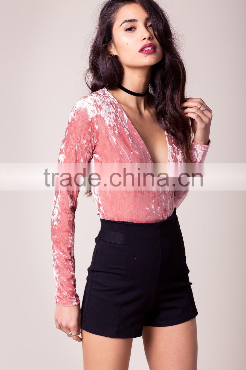 Wholesale women long sleeves sexy deep plunging v neck velvet bodysuit