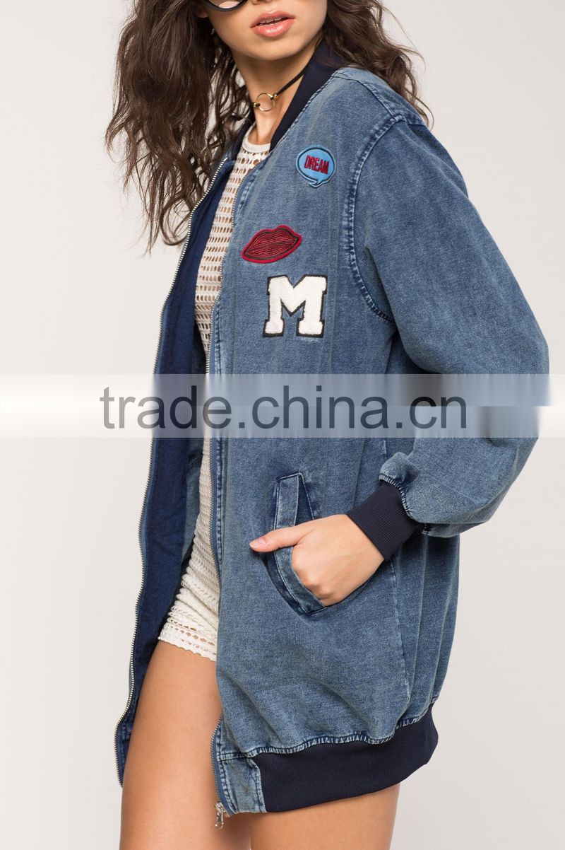 New style ladies fashion long sleeves oversized demin bomber jacket