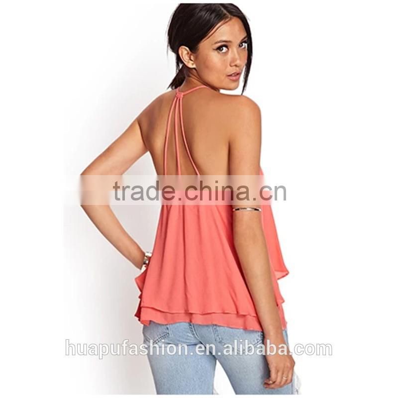 HP680072 wholesale new design printing front short back lady top woman blouse