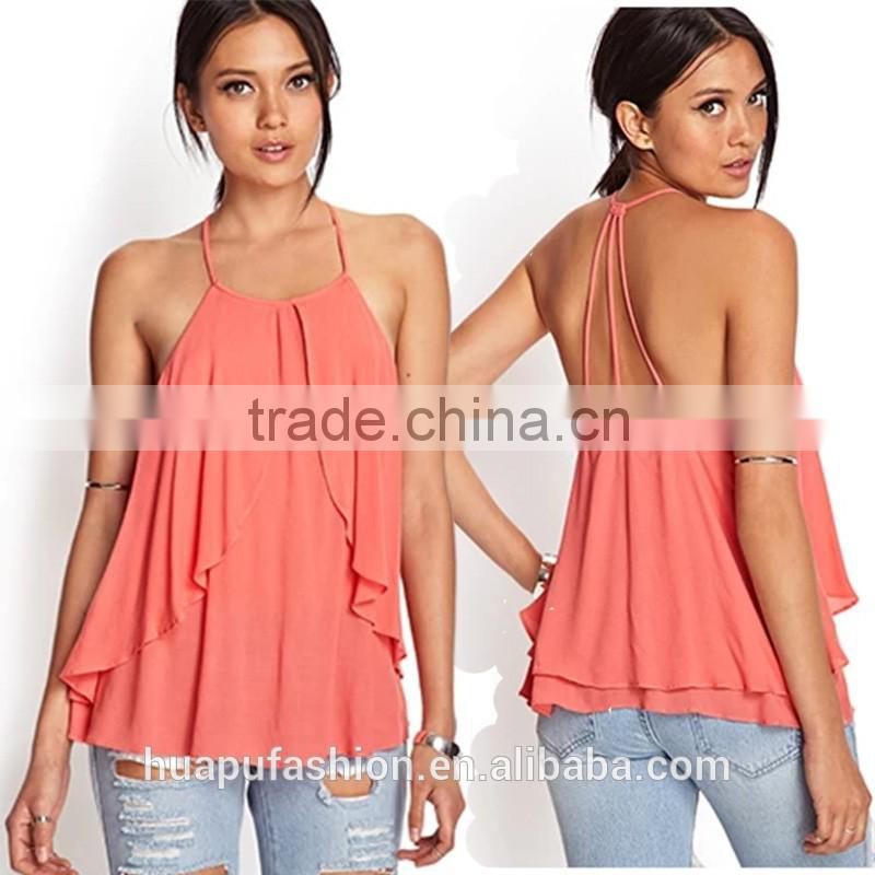 HP680072 wholesale new design printing front short back lady top woman blouse