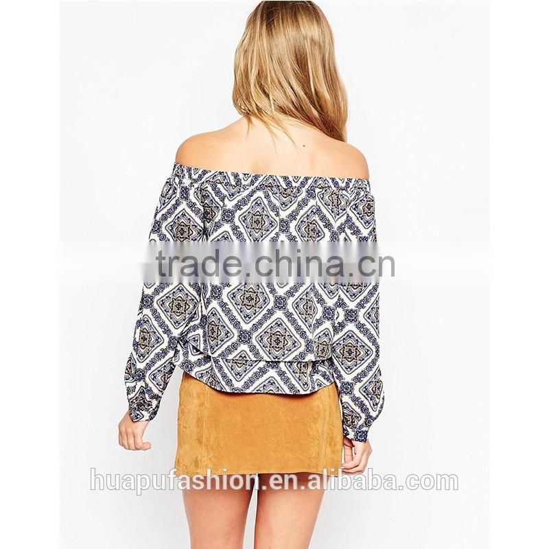 HP680075 wholesale new design printing front short back lady top woman blouse