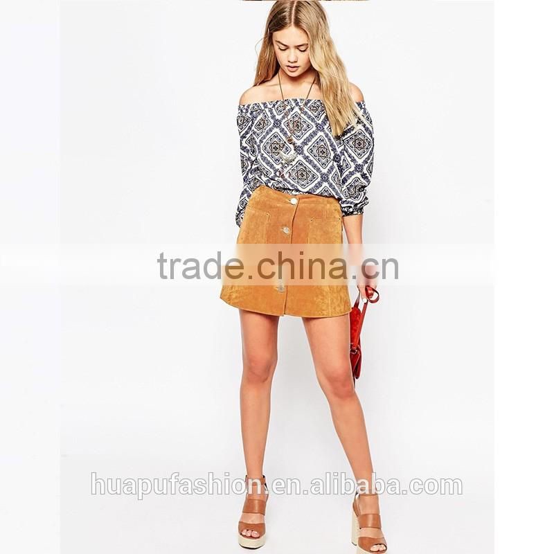 HP680075 wholesale new design printing front short back lady top woman blouse