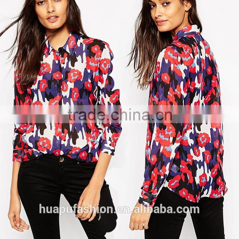 HP680074 wholesale new design printing front short back lady top woman blouse