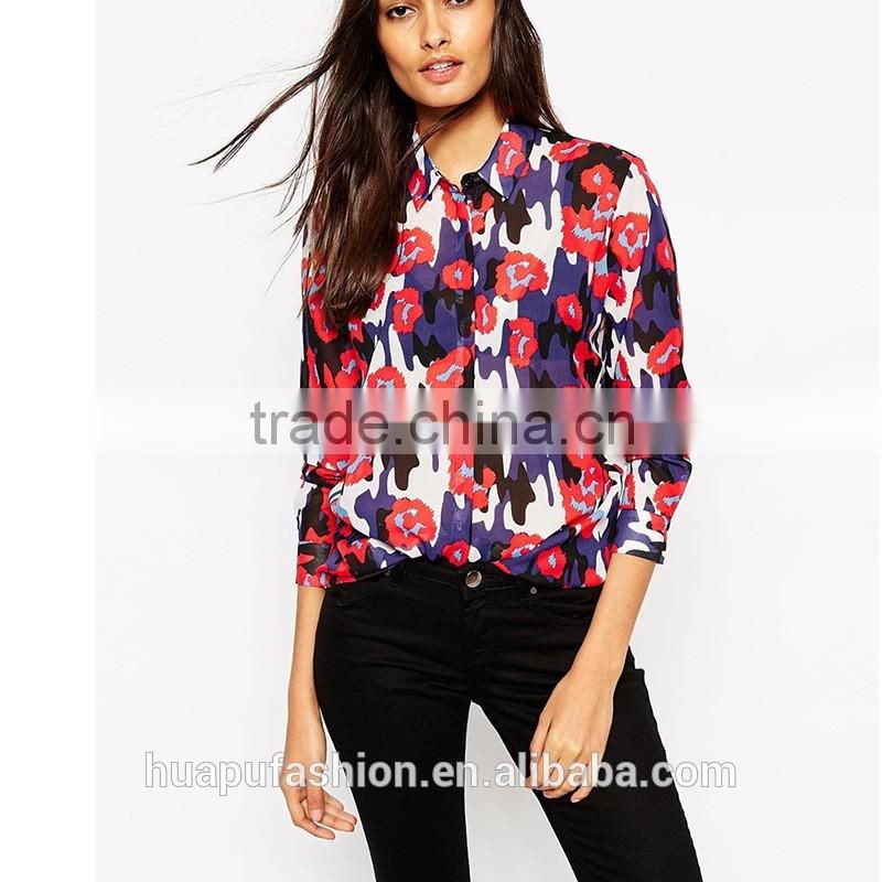 HP680074 wholesale new design printing front short back lady top woman blouse