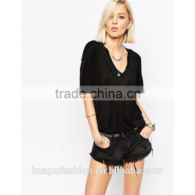 HP680071 wholesale new design printing front short back lady top woman blouse