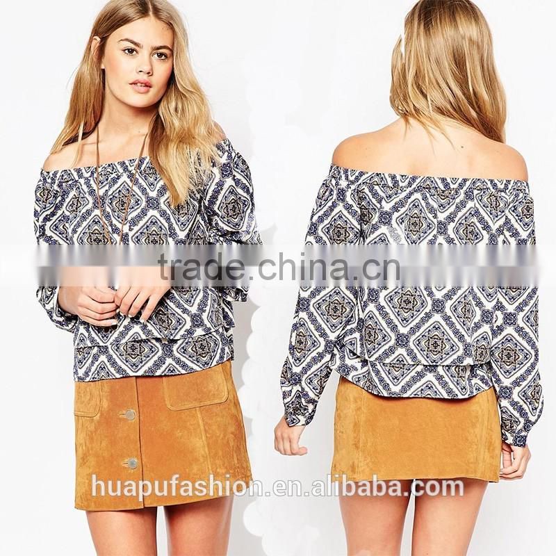 HP680075 wholesale new design printing front short back lady top woman blouse