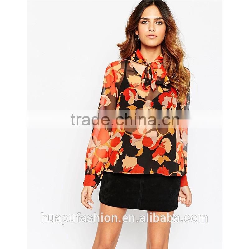 HP680080 wholesale new design printing front short back lady top woman blouse