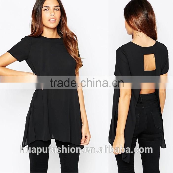 HP680071 wholesale new design printing front short back lady top woman blouse