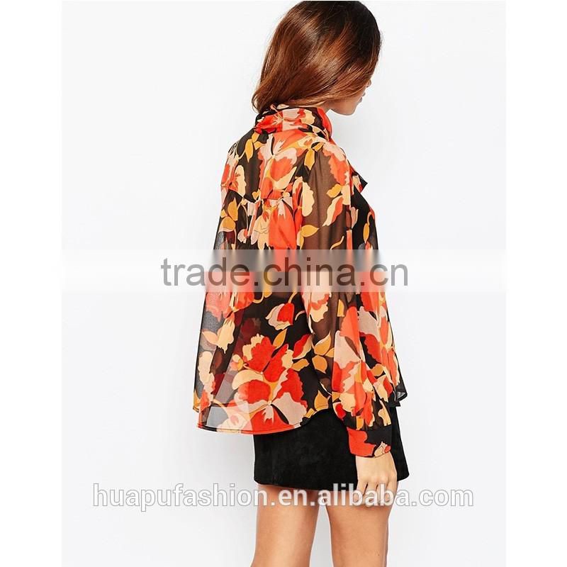 HP680080 wholesale new design printing front short back lady top woman blouse