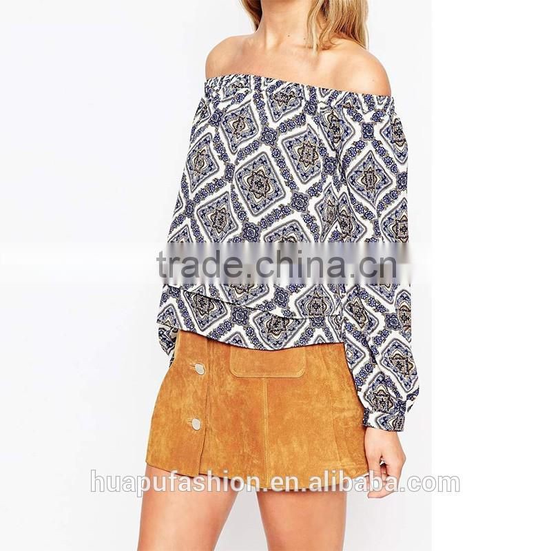 HP680075 wholesale new design printing front short back lady top woman blouse