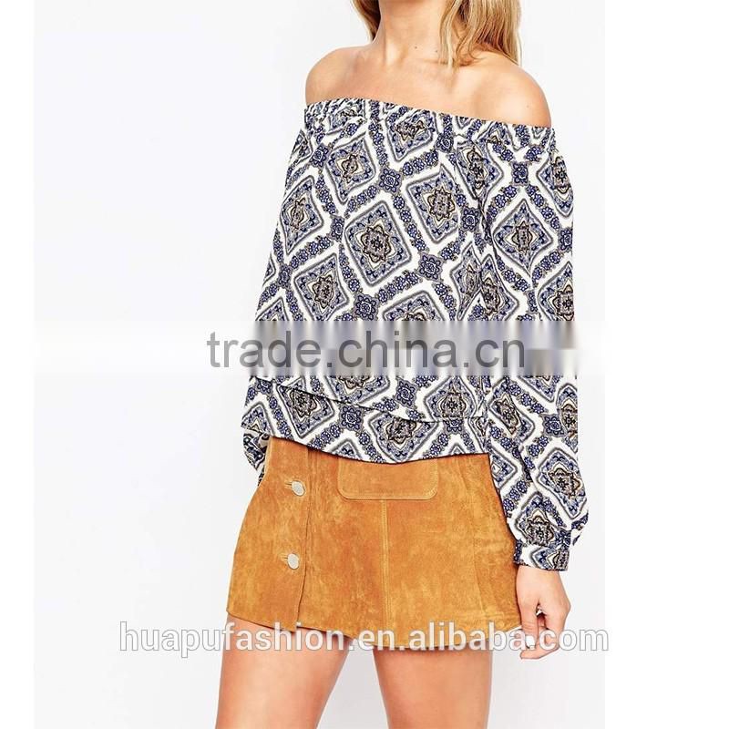 HP680075 wholesale new design printing front short back lady top woman blouse