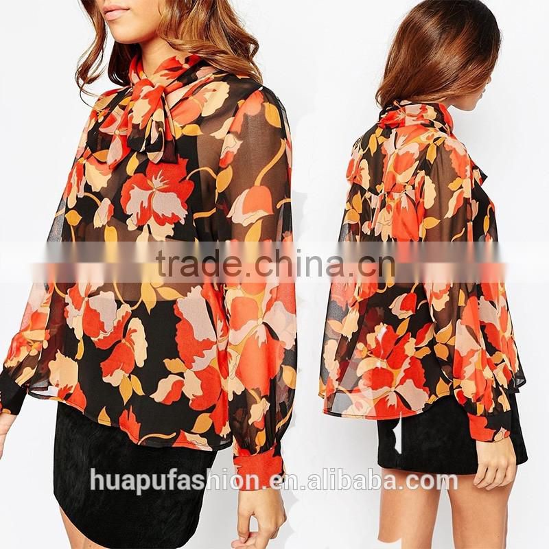 HP680080 wholesale new design printing front short back lady top woman blouse