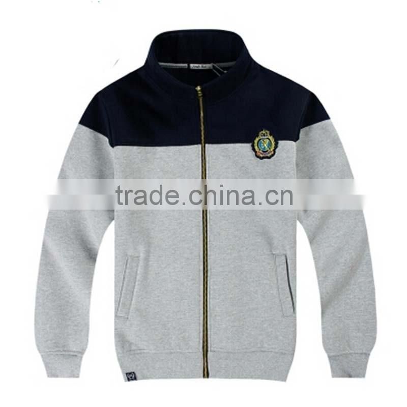 Strong Sport Style Stand Collar Mens full zip Hoodies with Embroidery Badge