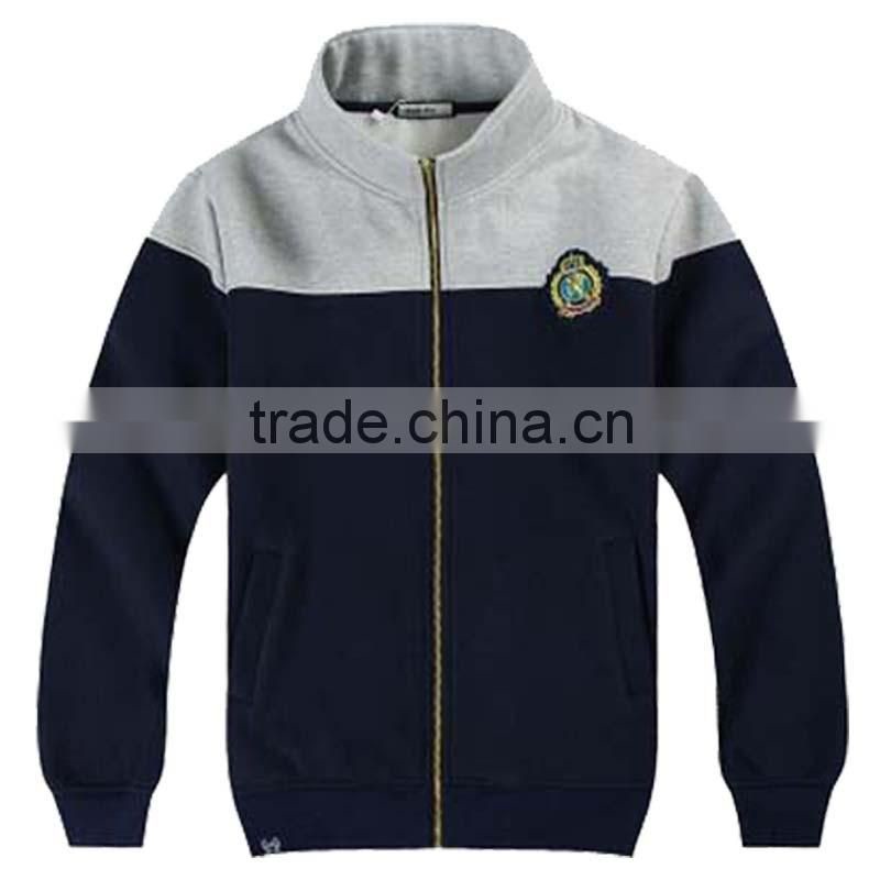 Strong Sport Style Stand Collar Mens full zip Hoodies with Embroidery Badge