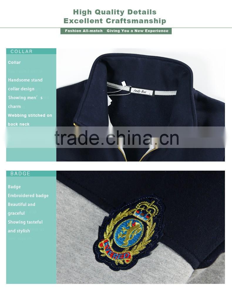 Strong Sport Style Stand Collar Mens full zip Hoodies with Embroidery Badge