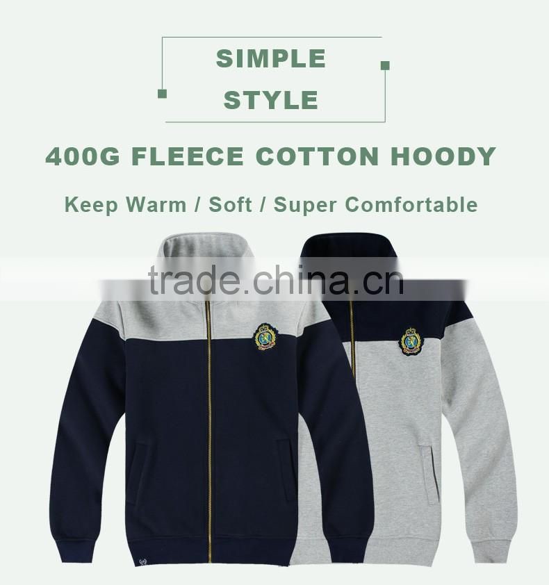 Strong Sport Style Stand Collar Mens full zip Hoodies with Embroidery Badge