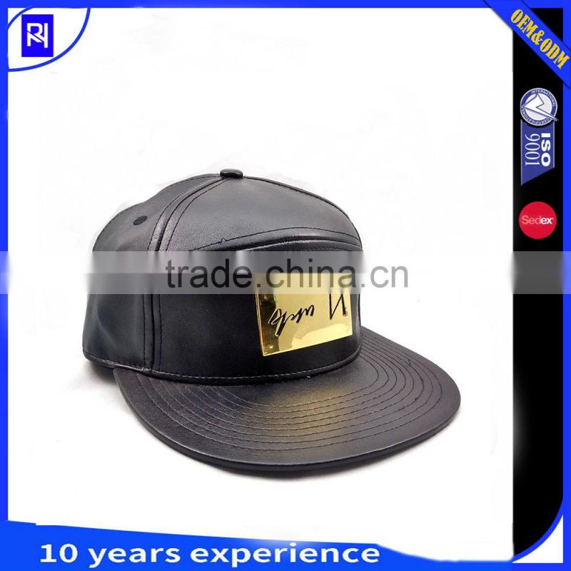 factory wholesale blank black 5 Panel snapback cap Leather 5 panel snapback hat