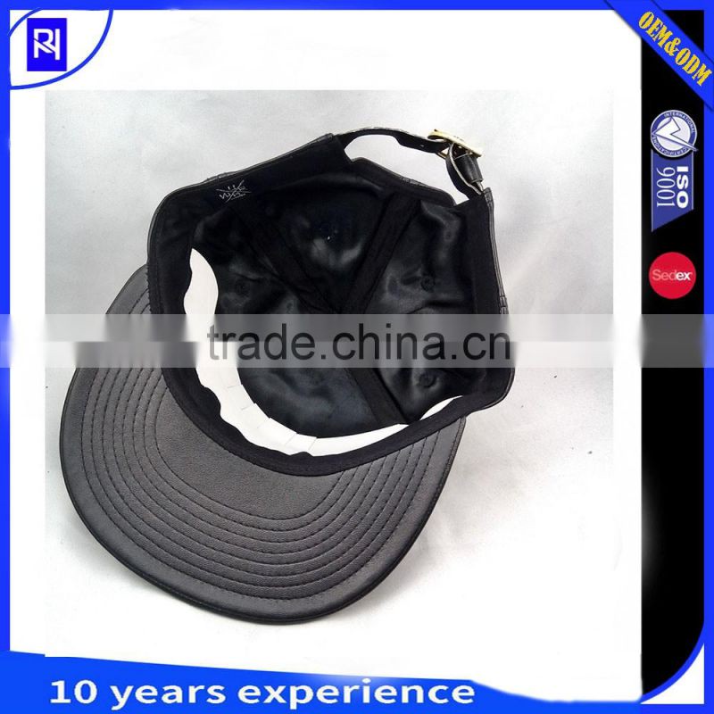 factory wholesale blank black 5 Panel snapback cap Leather 5 panel snapback hat