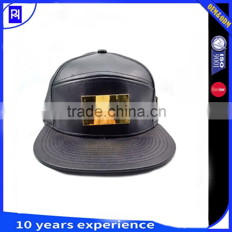 factory wholesale blank black 5 Panel snapback cap Leather 5 panel snapback hat