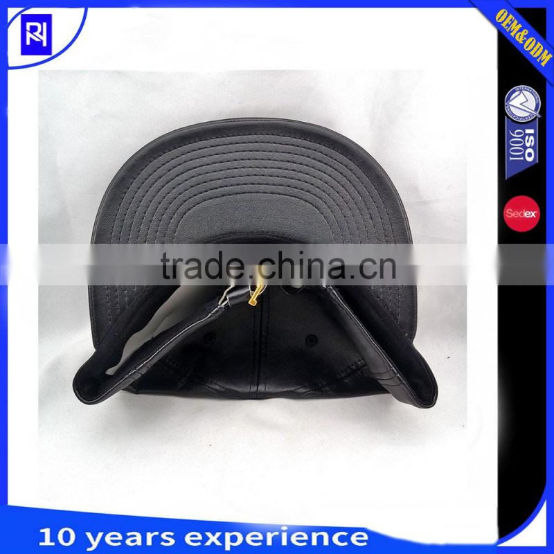 factory wholesale blank black 5 Panel snapback cap Leather 5 panel snapback hat