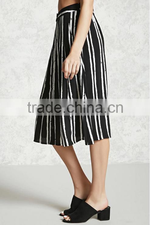 Woman Striped Button Down Shirt Style Rayon Woven Rayon Midi Length Skirt