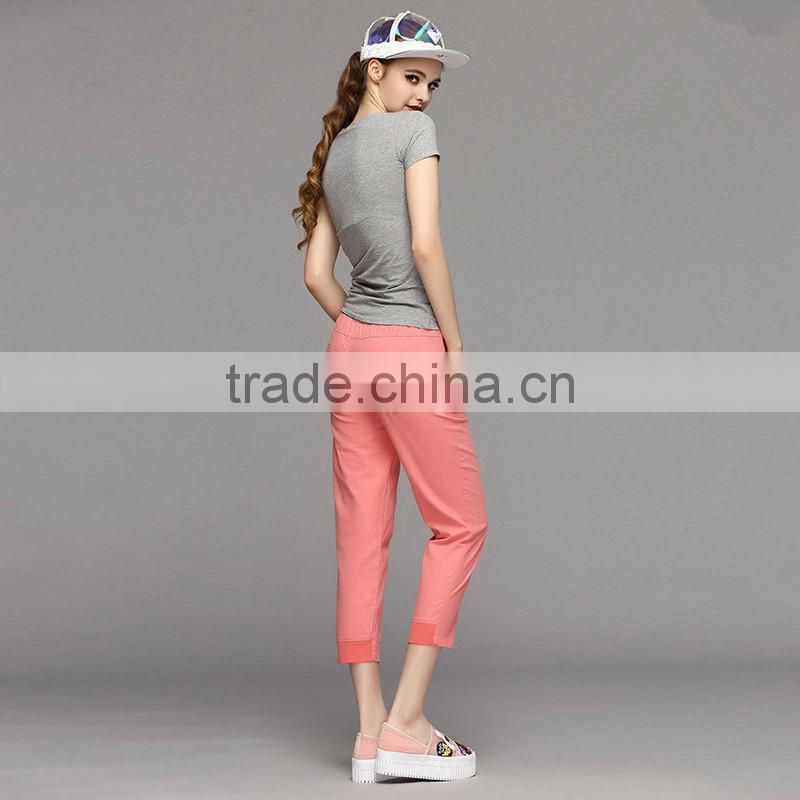 Women new fashion pencil fit pink linen cropped trousers