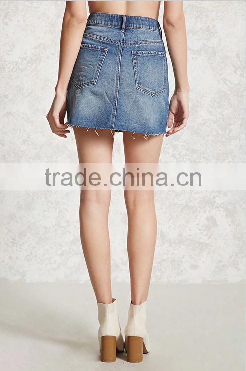 Ladies Fashion Button Front High Waist Light Blue Denim/Jeans Short Skirt