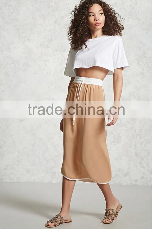Woman Elastic Tie Waist Midi Length Casual Satin Straigt Skirt