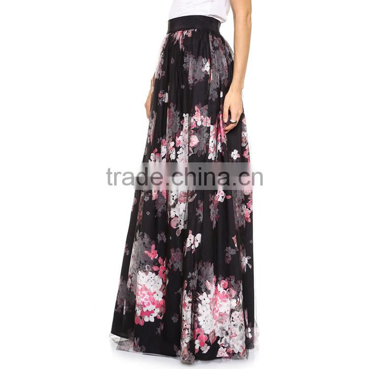 Women Fashion High Elastic Waist Chiffon Floral Print Long Flowy Elegant Maxi Skirt