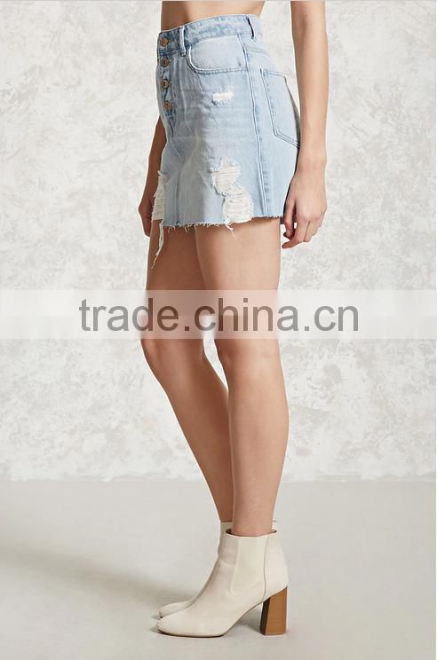 Ladies Fashion Button Front High Waist Light Blue Denim/Jeans Short Skirt