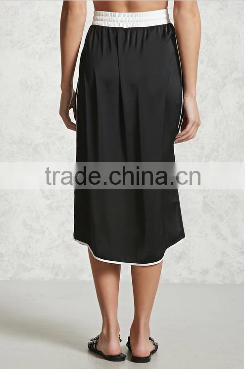 Woman Elastic Tie Waist Midi Length Casual Satin Straigt Skirt