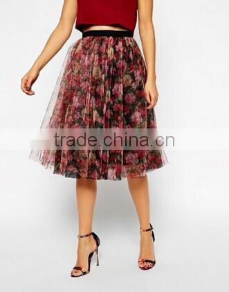 Ladies Fashion High Elastic Waisted Mesh Midi Puffy Red and Black Floral Unique Vintage Tutu Skirt