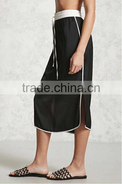Woman Elastic Tie Waist Midi Length Casual Satin Straigt Skirt