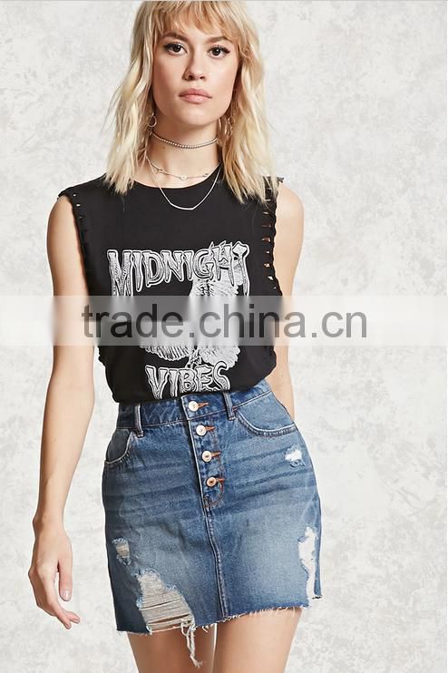 Ladies Fashion Button Front High Waist Light Blue Denim/Jeans Short Skirt