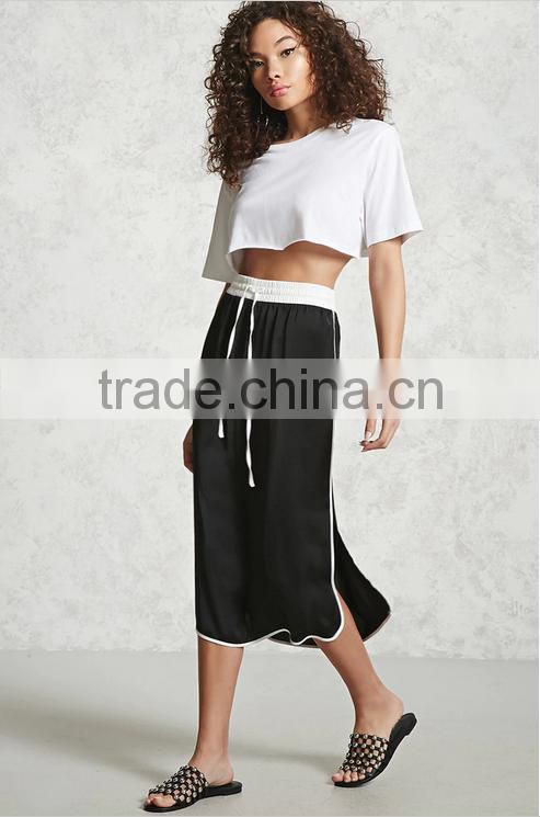 Woman Elastic Tie Waist Midi Length Casual Satin Straigt Skirt