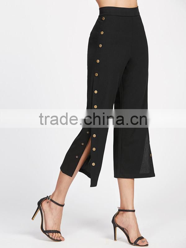 Woman's Black Metal Button Side Chiffon Pants