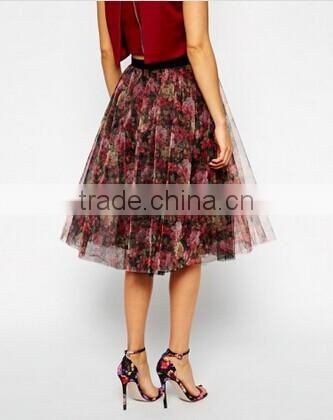 Ladies Fashion High Elastic Waisted Mesh Midi Puffy Red and Black Floral Unique Vintage Tutu Skirt