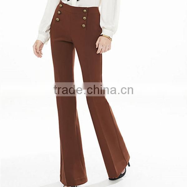 Women Mid Rise Sailor Flare Brown Color Double breasted Long Pants Trousers