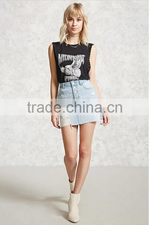 Ladies Fashion Button Front High Waist Light Blue Denim/Jeans Short Skirt