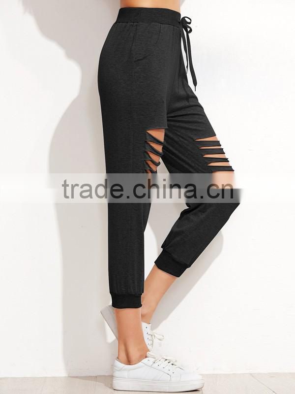 Woman's/Ladies' Black Cotton Cut Out Drawstring Pants