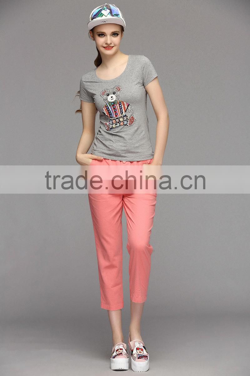 Women new fashion pencil fit pink linen cropped trousers
