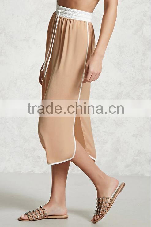 Woman Elastic Tie Waist Midi Length Casual Satin Straigt Skirt