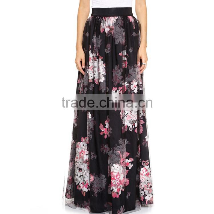 Women Fashion High Elastic Waist Chiffon Floral Print Long Flowy Elegant Maxi Skirt