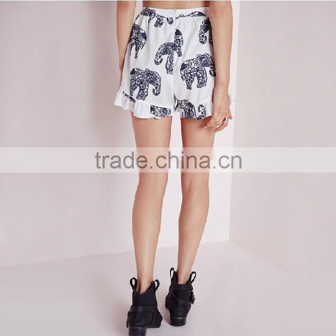 Retro Chinese style elephant print agaric fold crop top and high waist shorts matching set